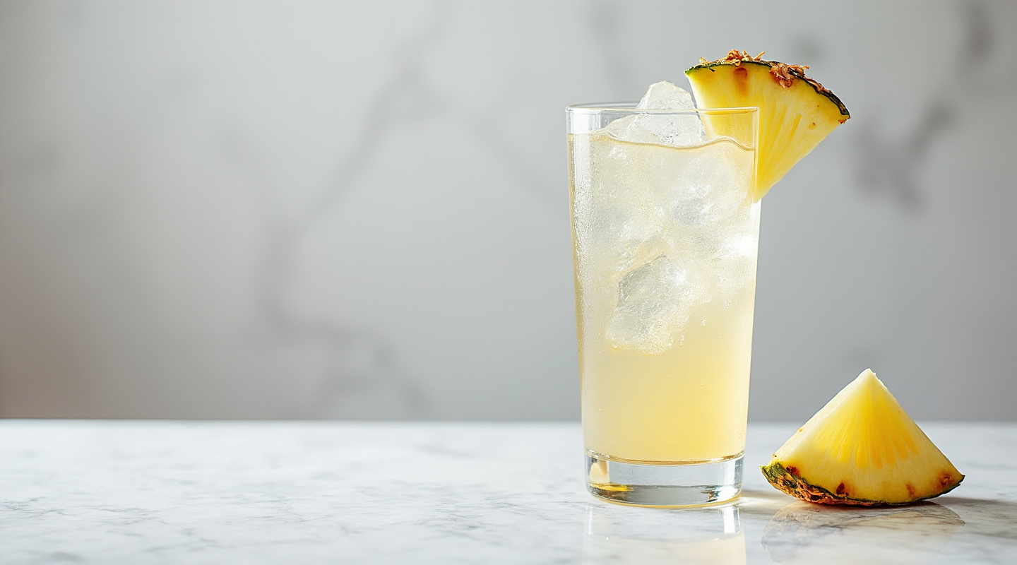 Fizzy Colada in a tall glass garnished with a pineapple wedge