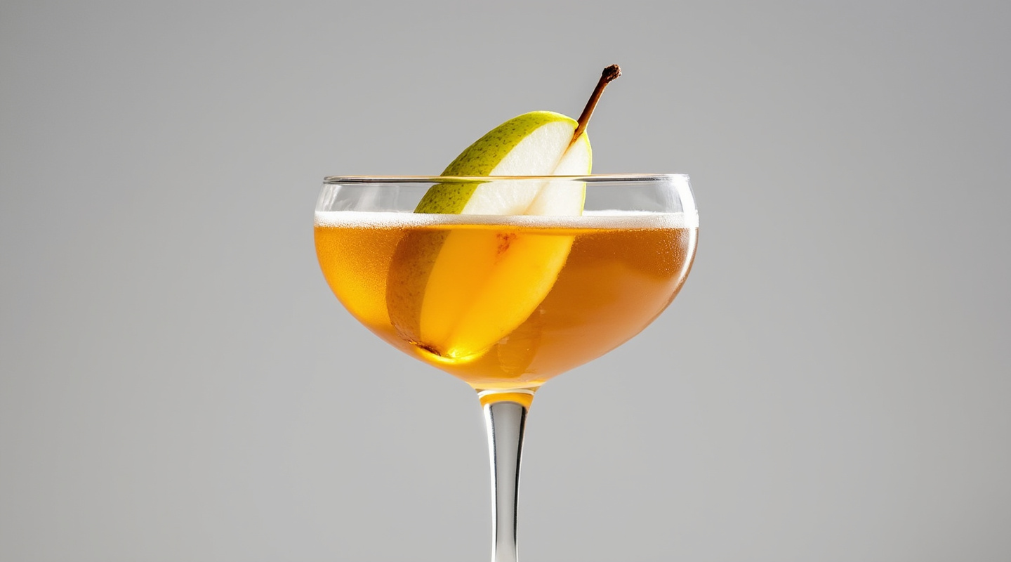A cocktail named Really Pear-Shaped served in a coupe glass with a pear wedge garnish.