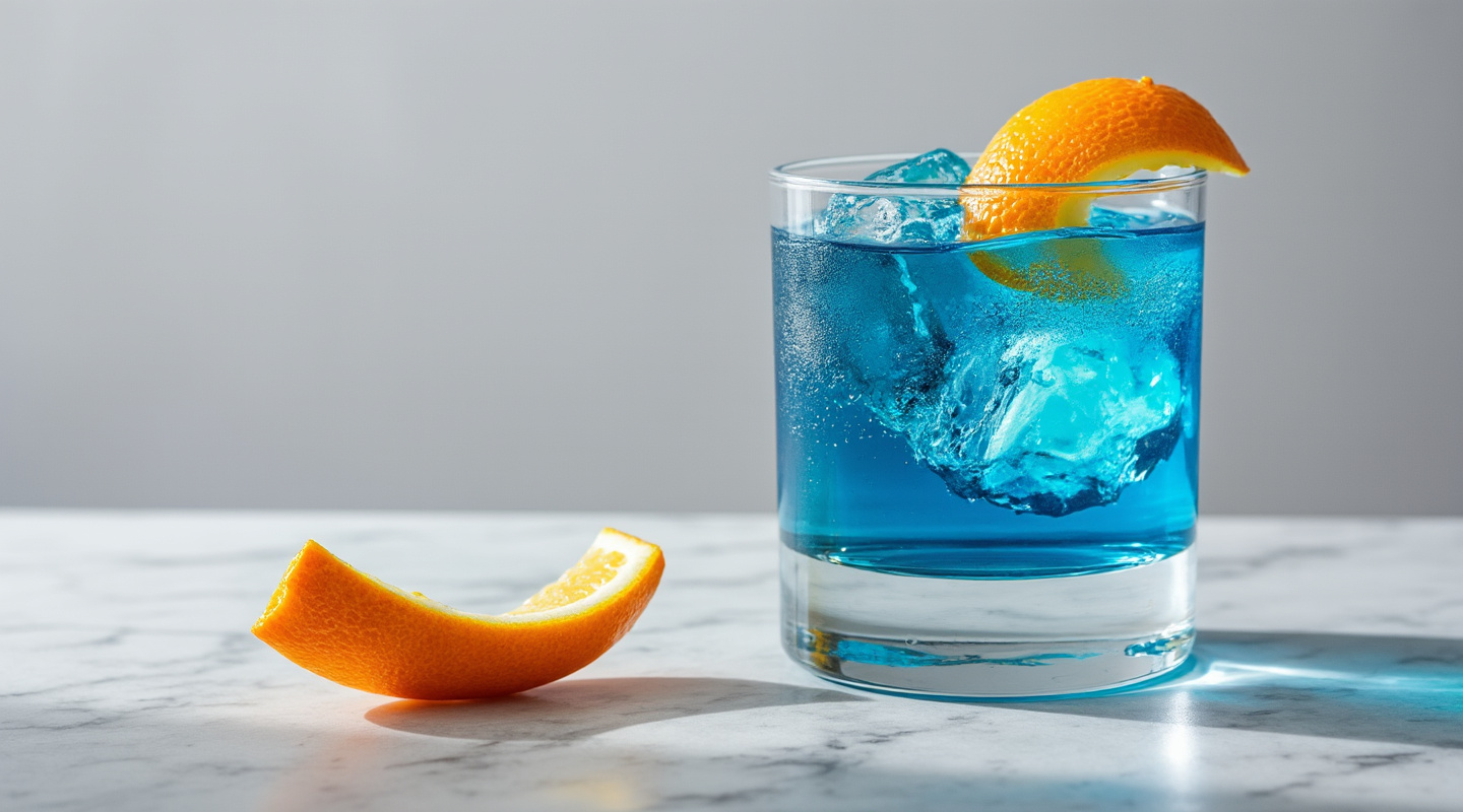 Blue Negroni in an Old Fashioned glass with an orange zest twist