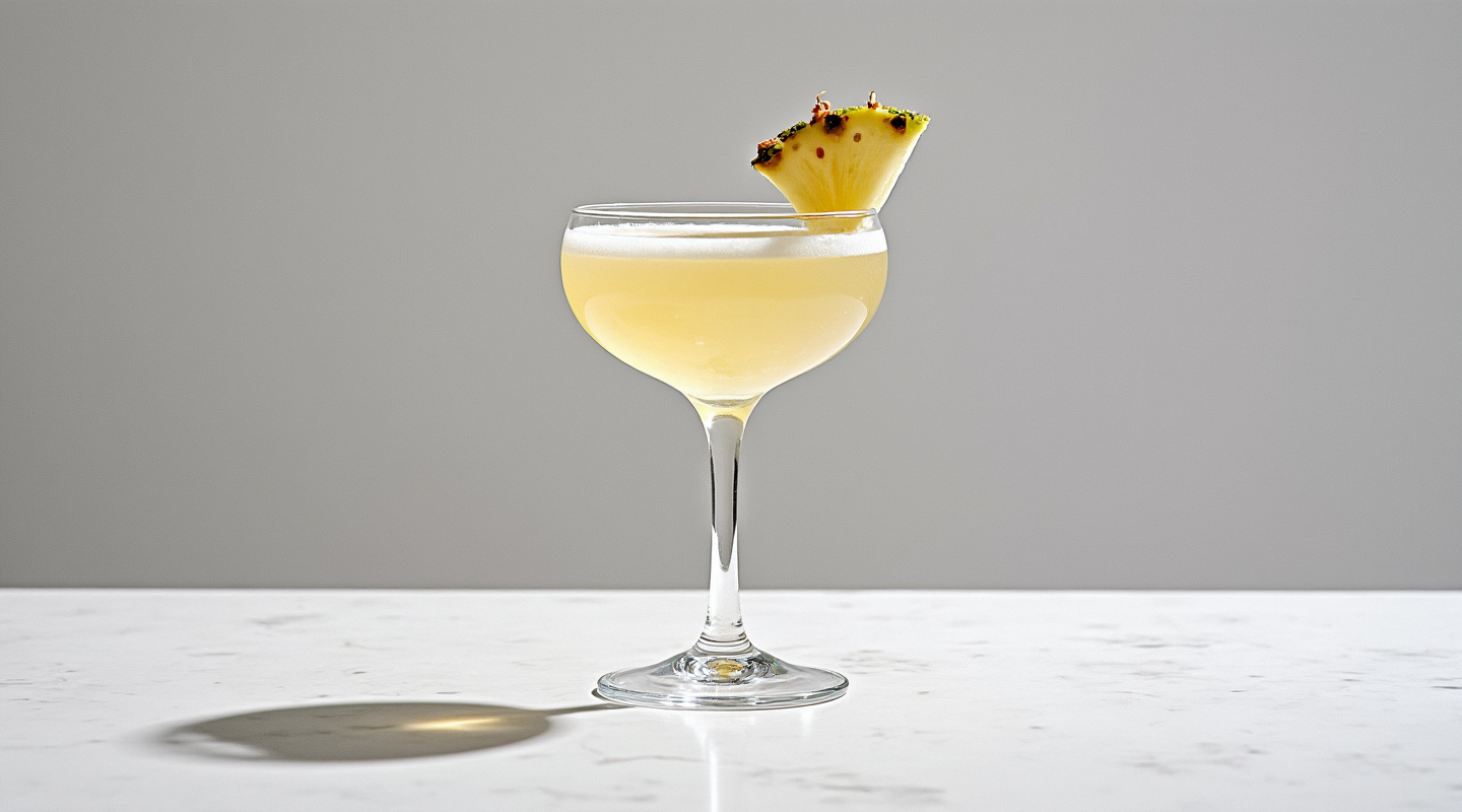 Alamagoozlum Cocktail in a Coupe glass with frothy top