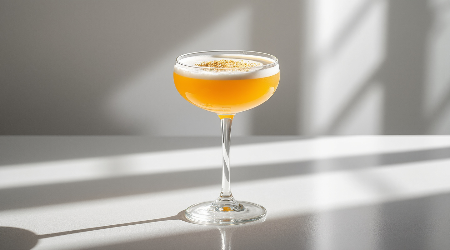 An elegantly presented Ambrosia Cocktail in a coupe glass.