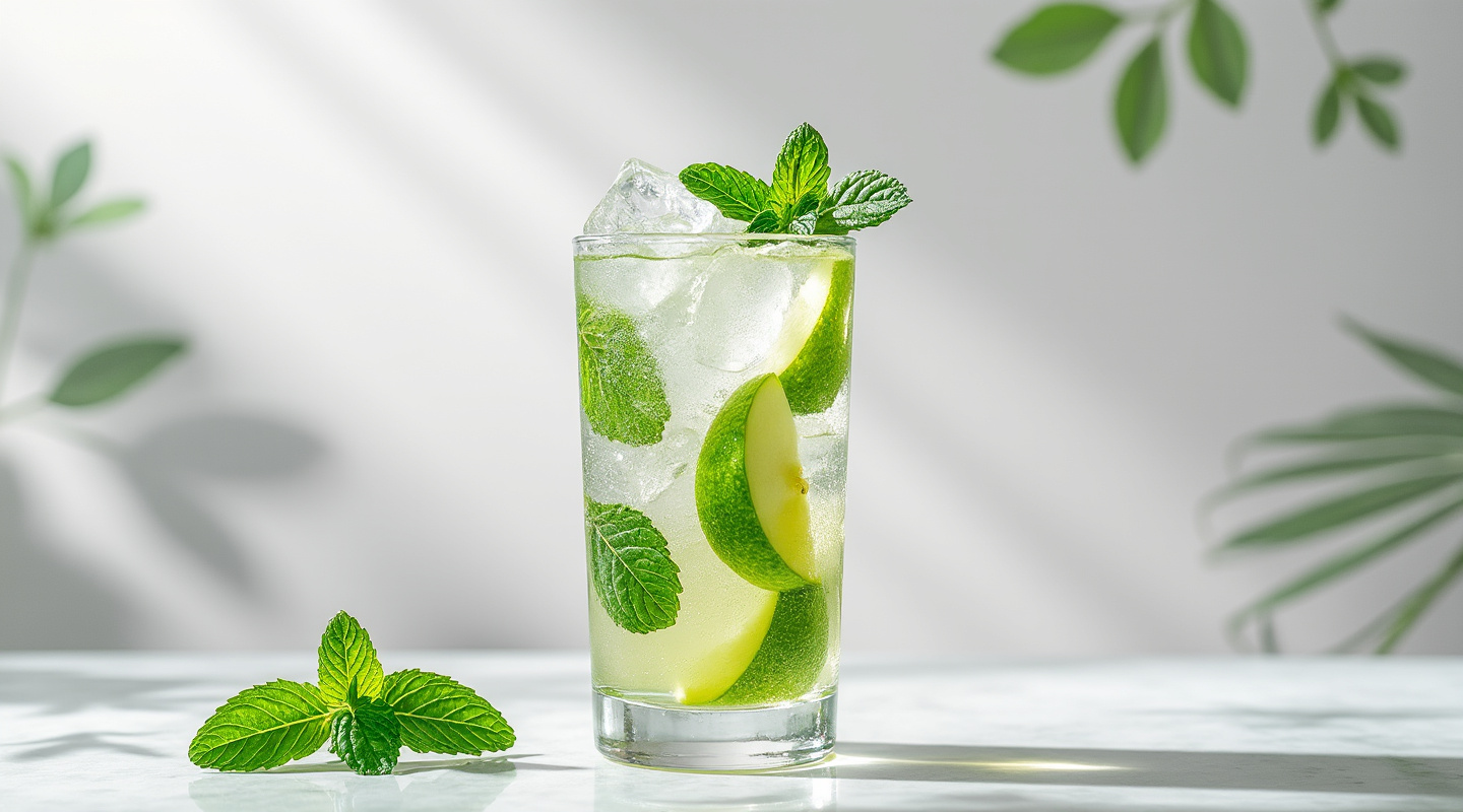 Apple Mojito in a Collins glass garnished with a mint sprig
