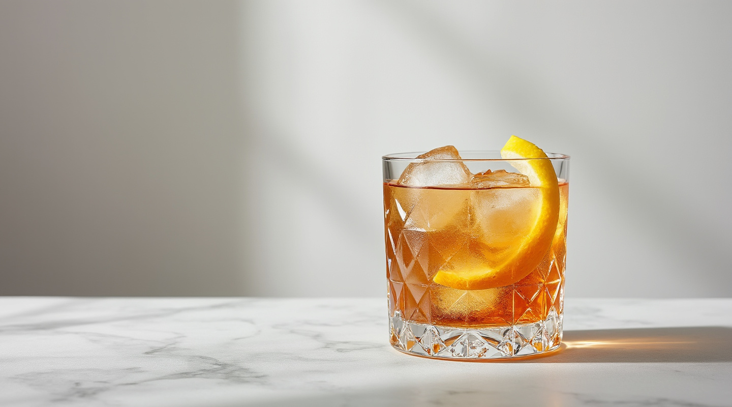 A classic B & B cocktail served on the rocks in an Old-fashioned glass garnished with lemon zest twist.