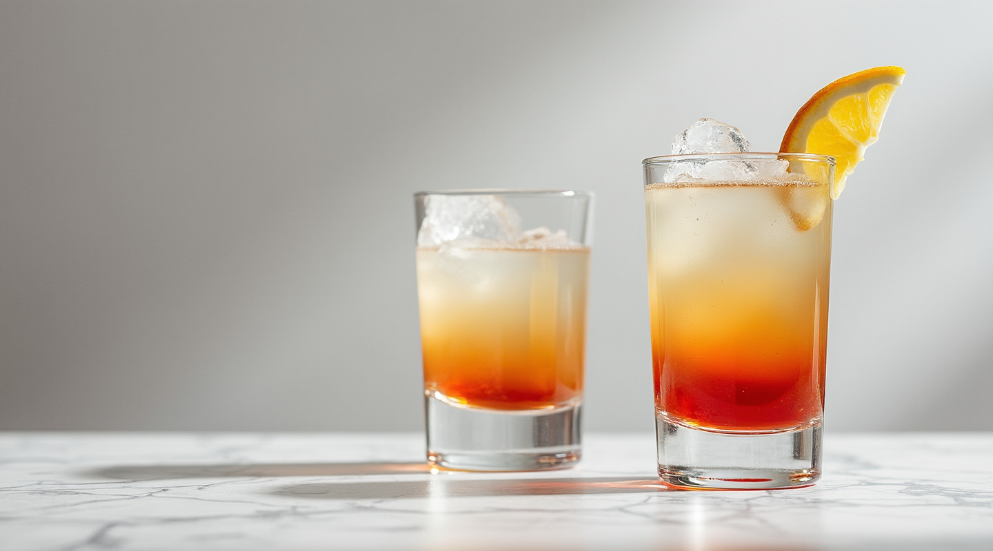 A shot glass filled with a layered Bitterest Pill cocktail
