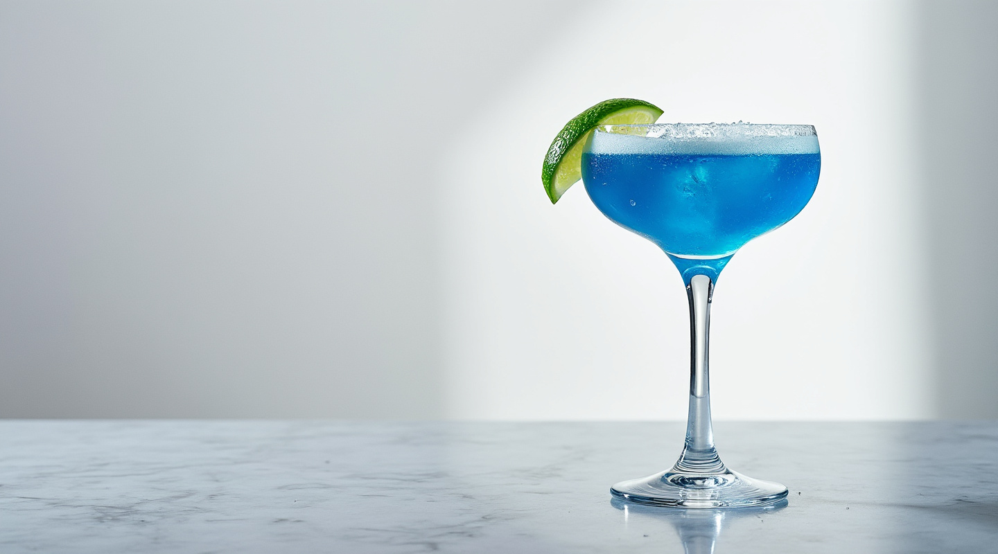 Blue Velvet Margarita in a coupe glass