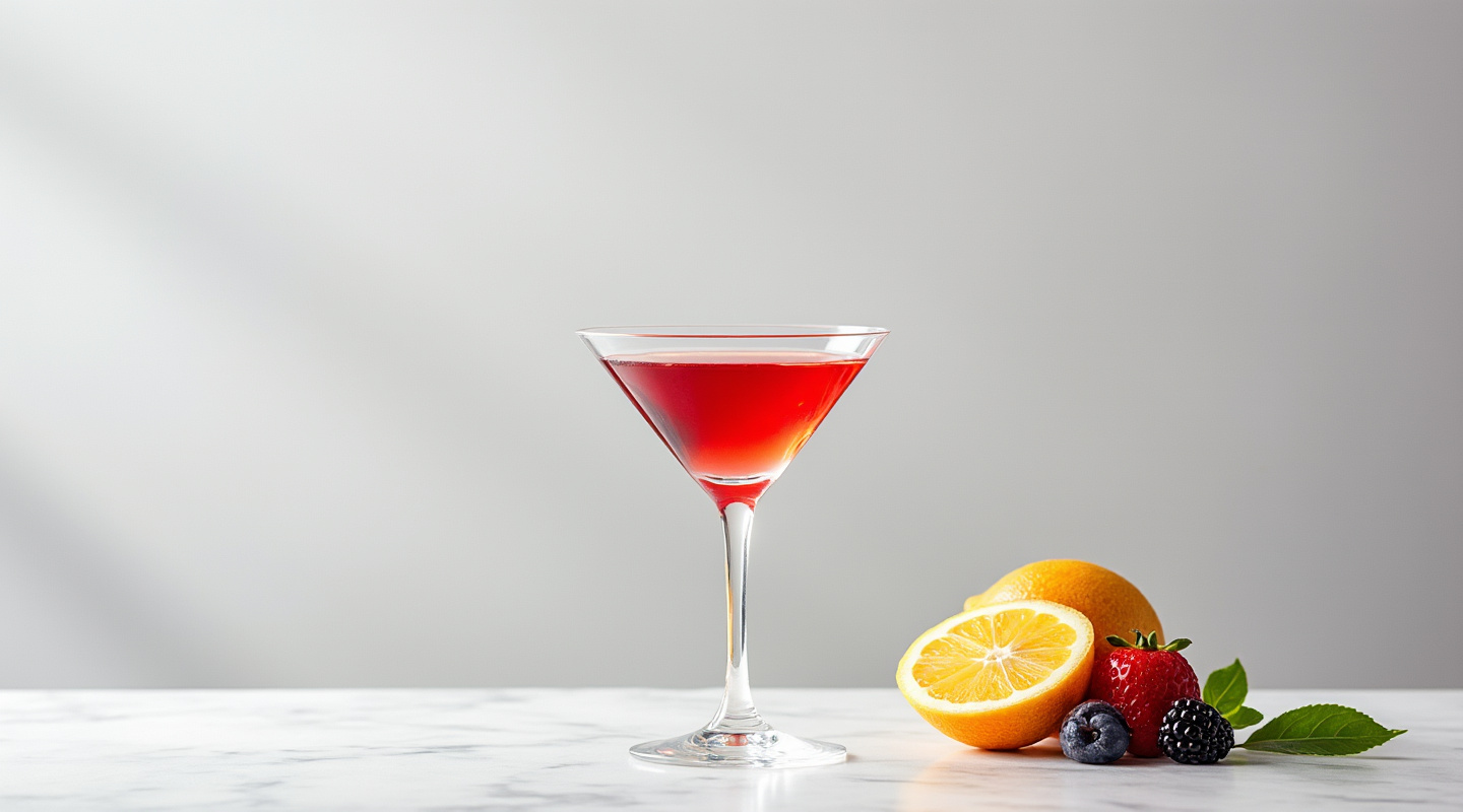 A chilled Martini glass filled with a deep red Diable Rouge cocktail garnished with seasonal berries.