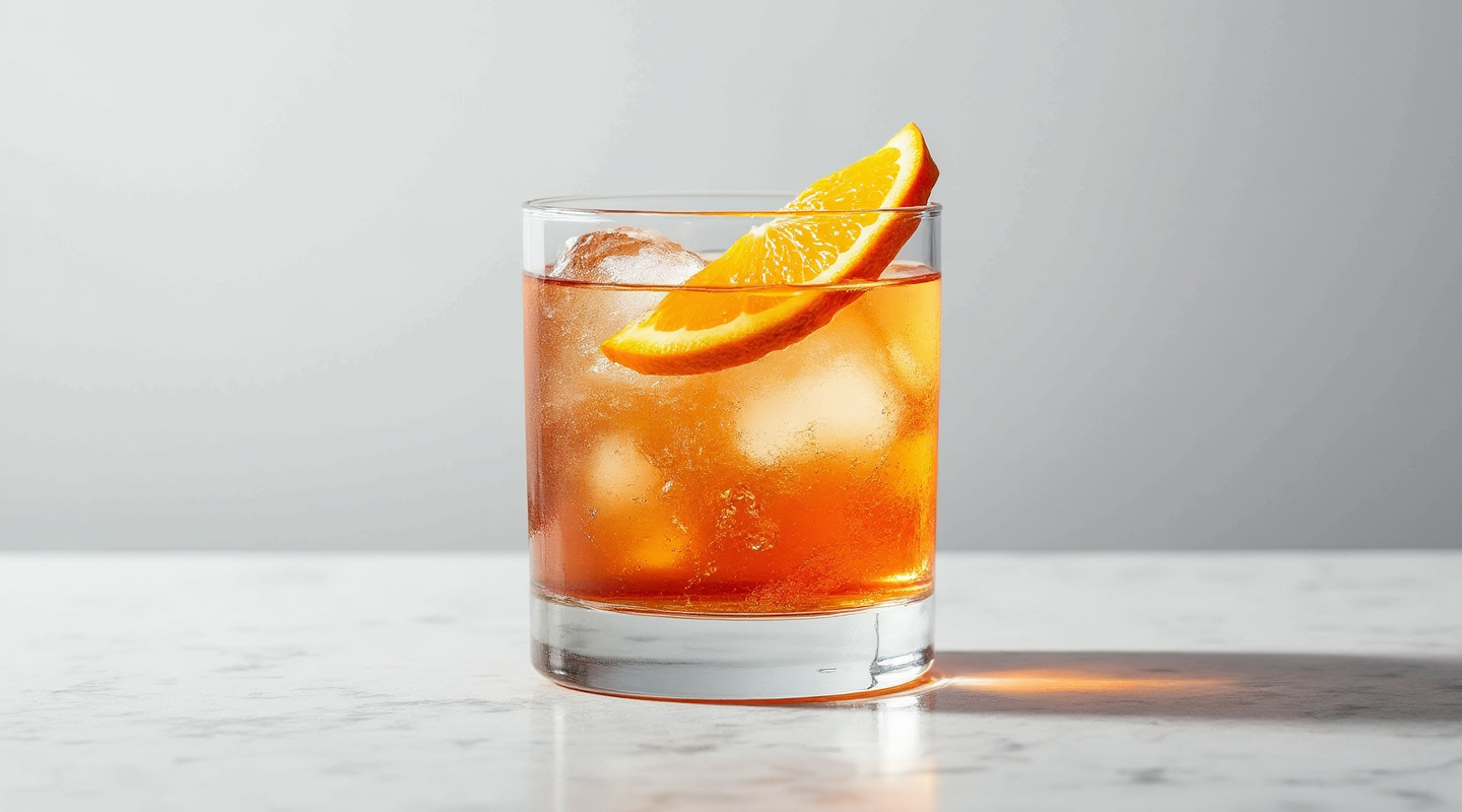 Diamond Dog cocktail served in a glass with ice and an orange slice garnish