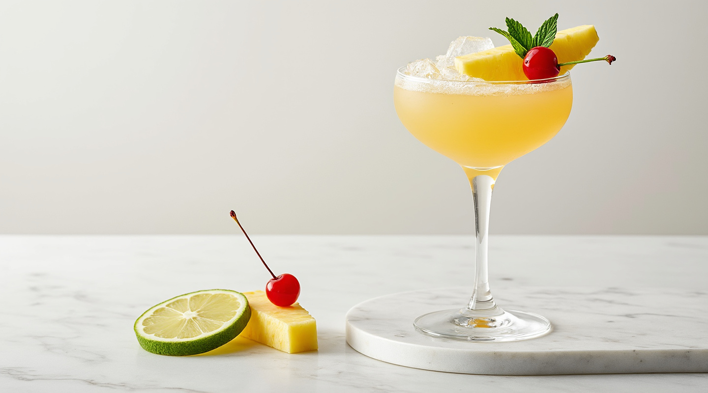 Aku Aku cocktail served in a coupe glass with a garnish of pineapple wedge, Luxardo Maraschino Cherry and mint sprig