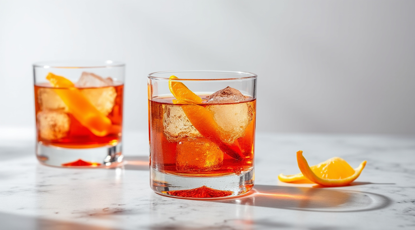 Mezcal Negroni in an Old-fashioned glass garnished with orange zest twist