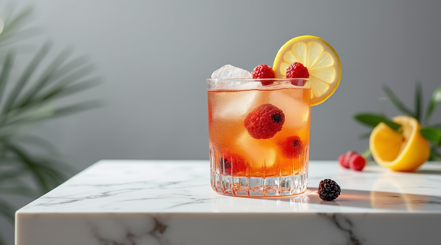 A Daisy Duke cocktail served in an Old-fashioned glass, garnished with seasonal berries.