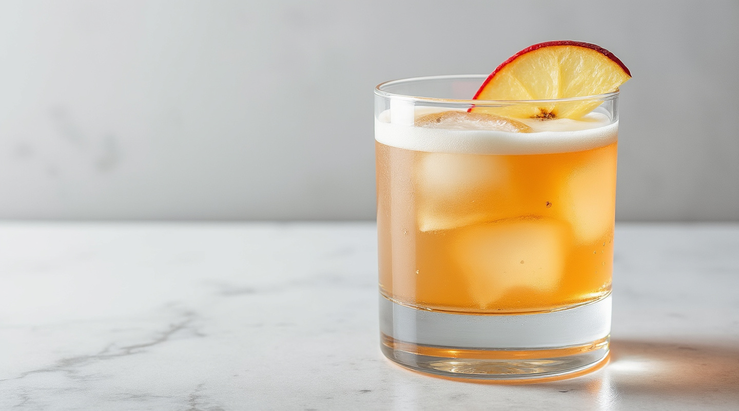 A Delicious Sour cocktail in a chilled coupe glass with a lemon zest twist.