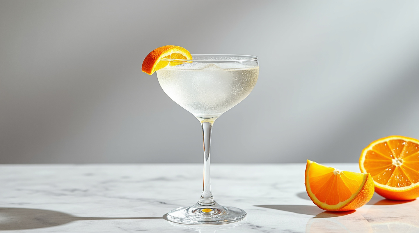 A dry ice martini served in a chilled martini glass with an orange zest twist garnish.