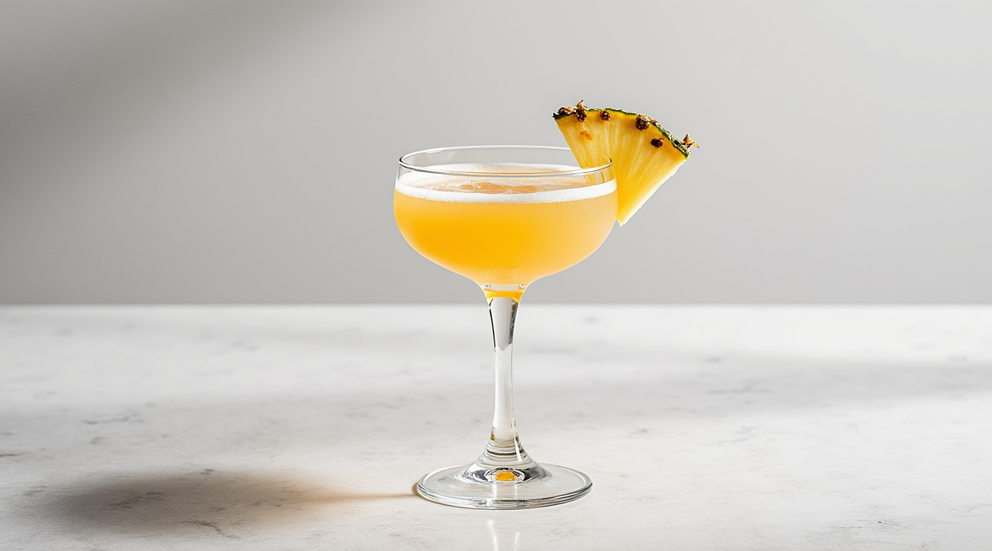 East India No.2 cocktail served in a Nick & Nora glass with a pineapple wedge garnish.