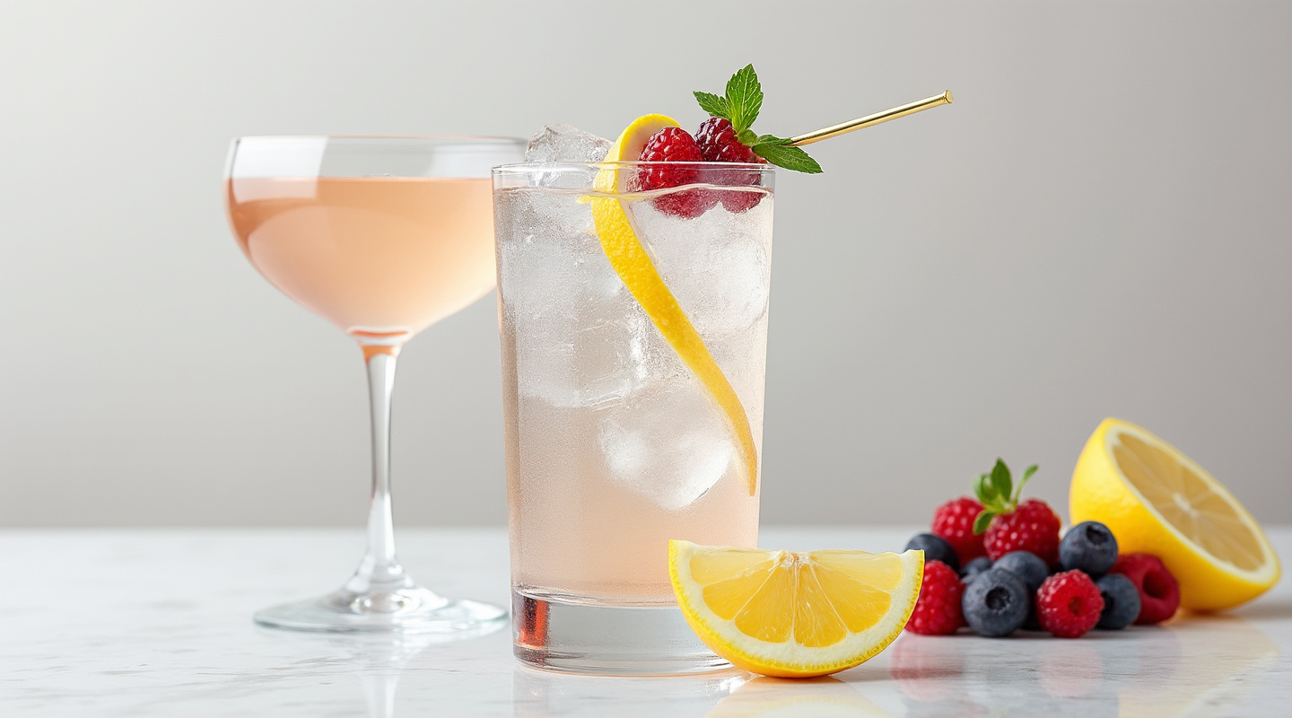 Gina cocktail in a sling glass garnished with seasonal berries