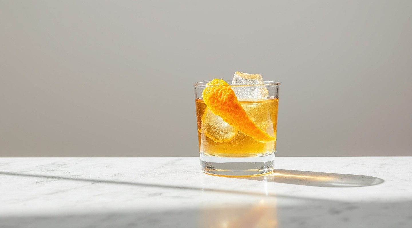 Gold cocktail in a chilled Nick & Nora glass with an orange zest twist garnish