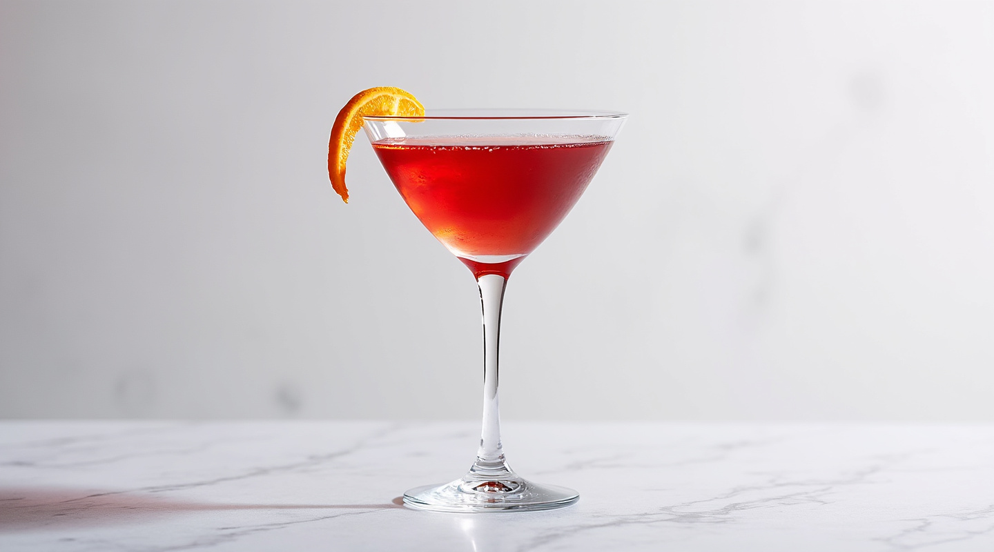 Grand Cosmopolitan served in a chilled Martini glass with an orange zest twist garnish.