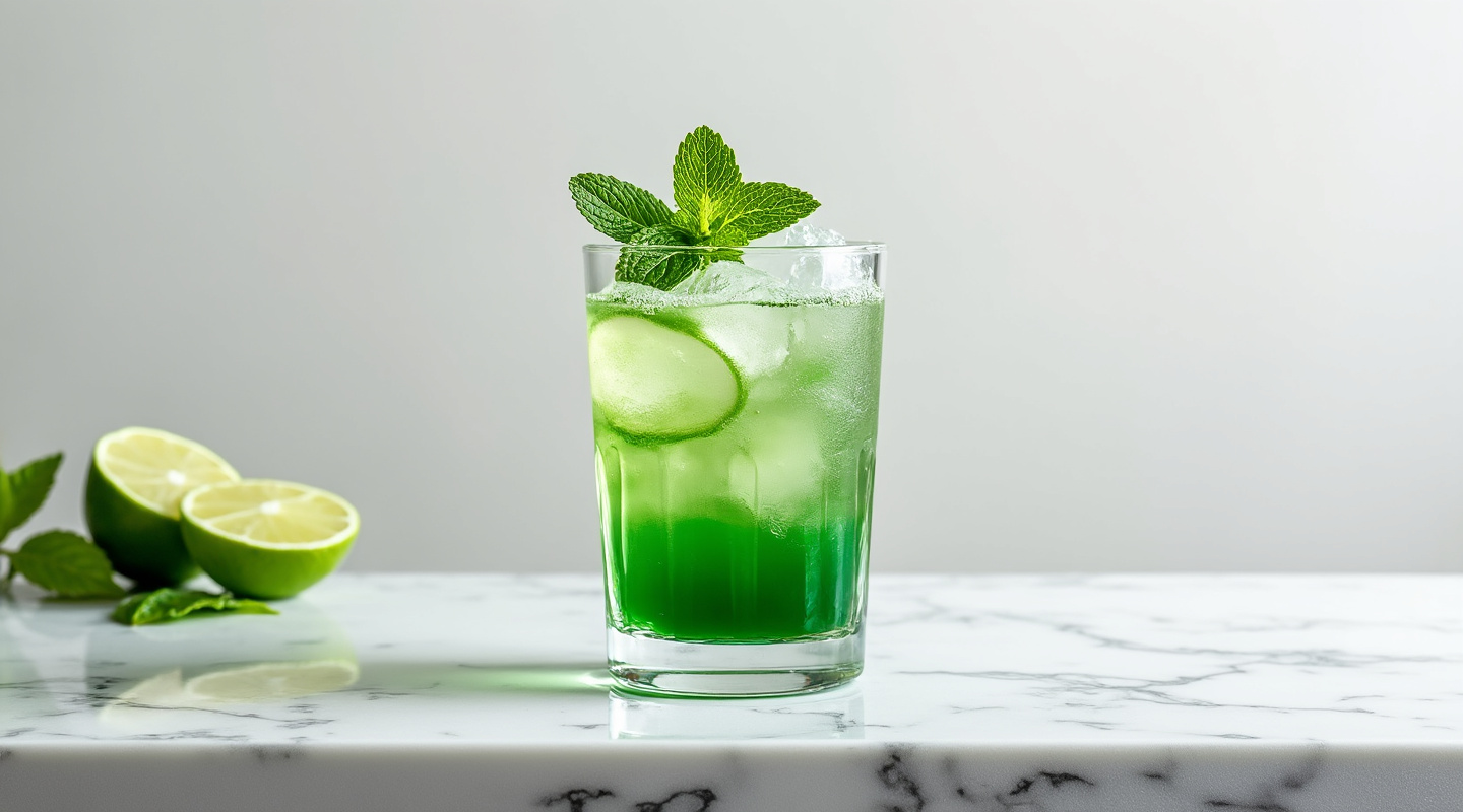 A vibrant green Swizzle cocktail with garnishes.