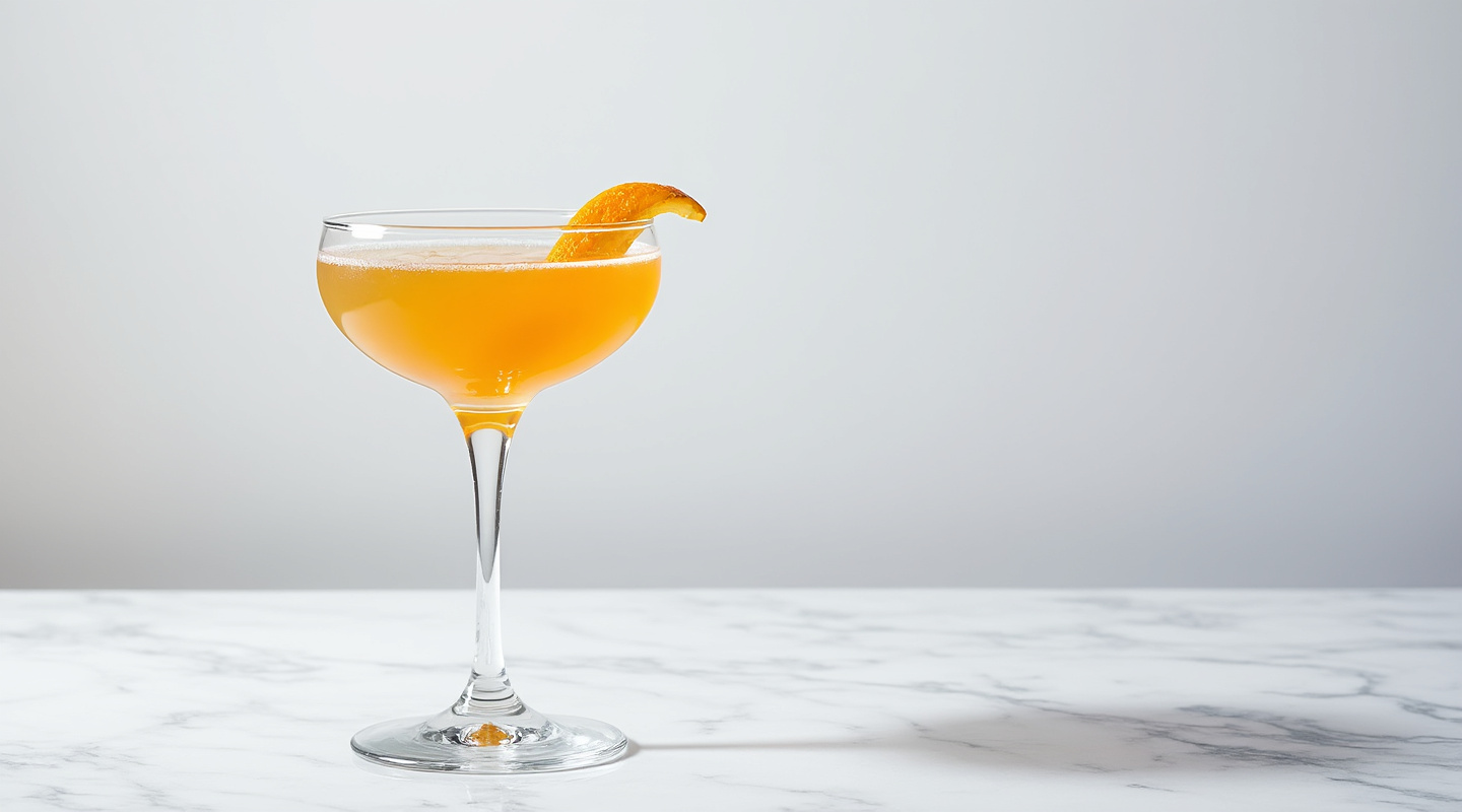 A glass of Hakkatini cocktail garnished with an orange zest twist