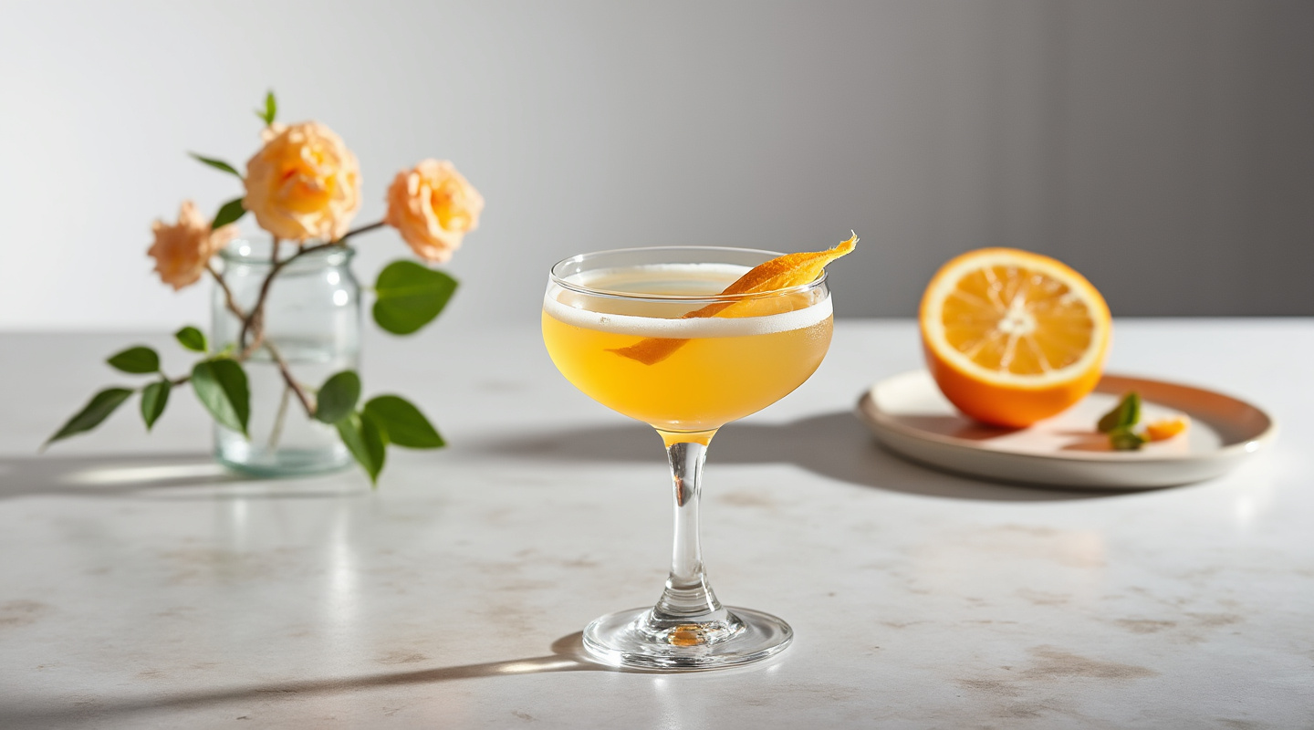 Income Tax Cocktail served in a Coupe glass with an orange zest twist