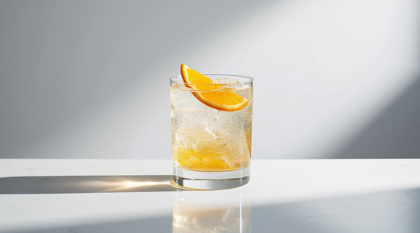 The Italian Job No. 1 cocktail served in a Collins glass with an orange slice garnish
