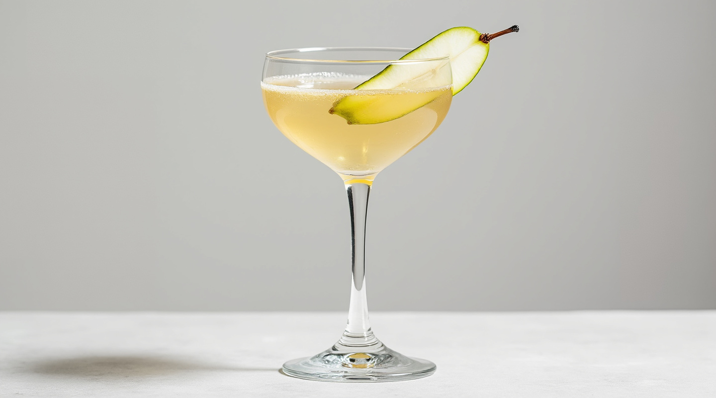 A Japanese Pear cocktail served in a Martini glass with a pear slice garnish.
