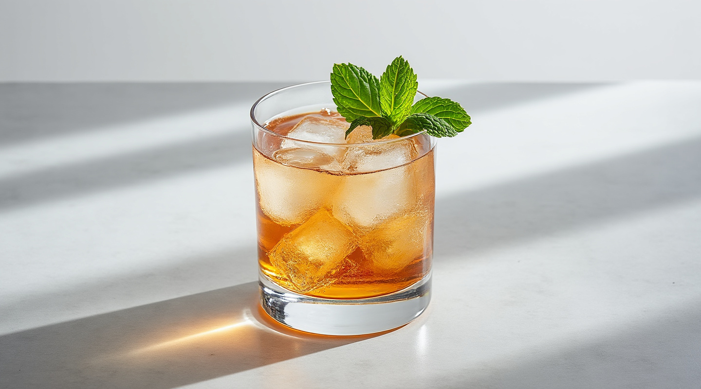 Kentucky Mac in an Old-fashioned glass with a mint sprig garnish