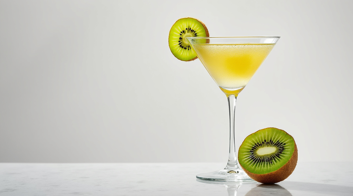 Kiwi Crush cocktail served in a Martini glass with a kiwi slice garnish