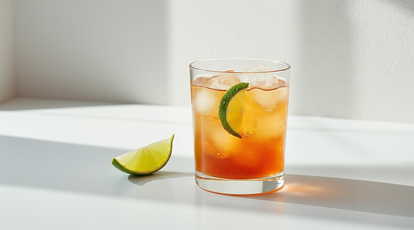 LA Iced Tea in a highball glass with a lime wedge garnish