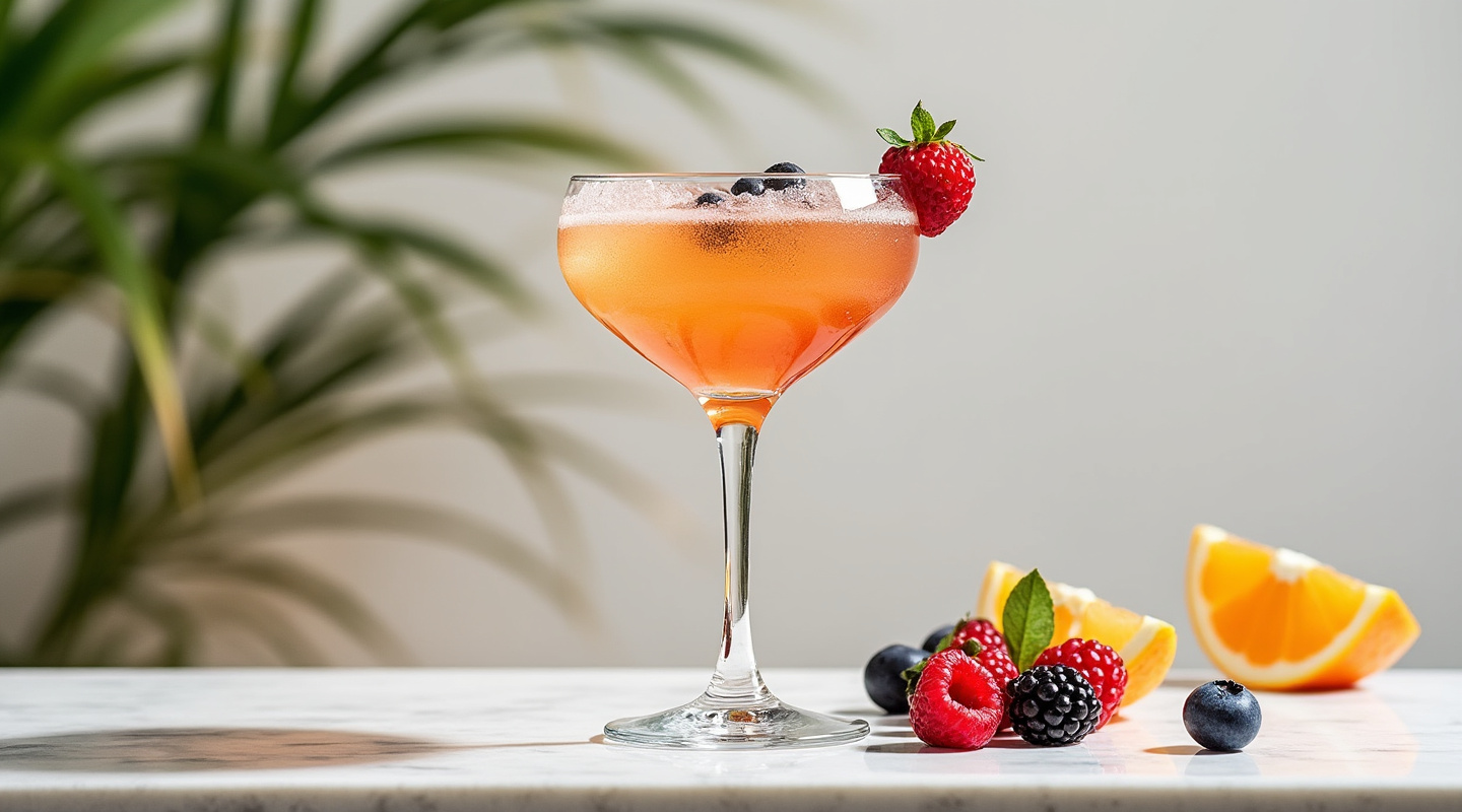 Loved Up cocktail in a chilled martini glass garnished with seasonal berries