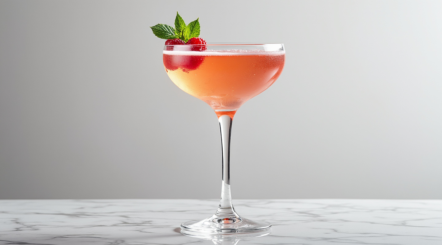 A vibrant Very French Martini cocktail served in a coupe glass, with a raspberry garnish floating atop