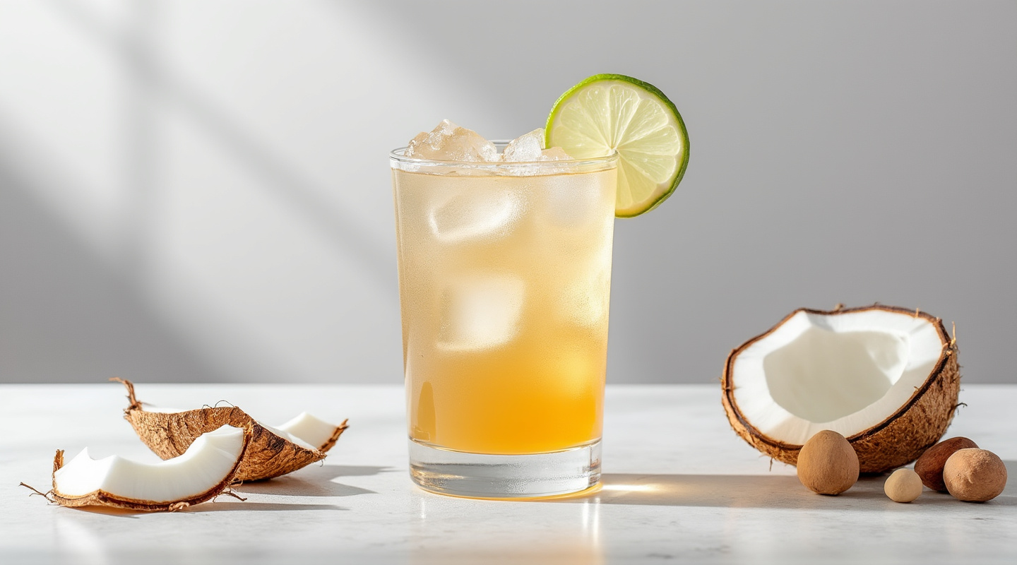 Electro Batida in a coconut shell glass with garnish