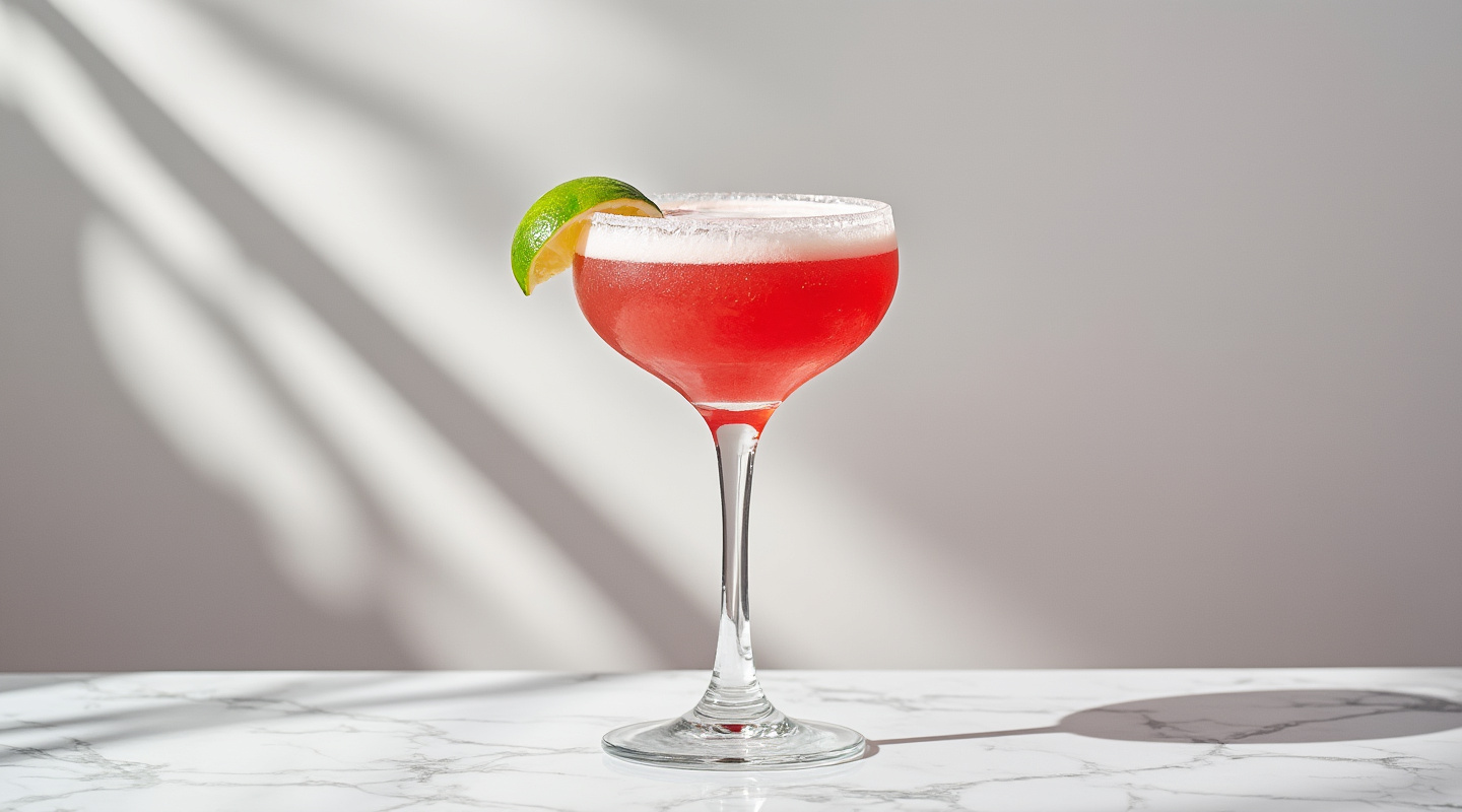 An elegant Maria Theresa Margarita served in a coupe glass garnished with lime.