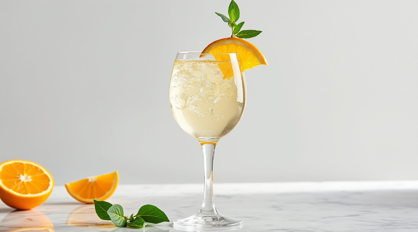 Mimosa cocktail in a glass garnished with an orange slice