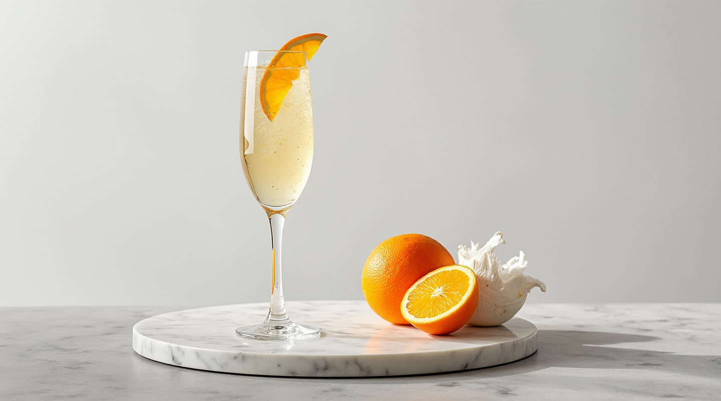 A cocktail called Niagara Falls served in a flute glass with a garnish.