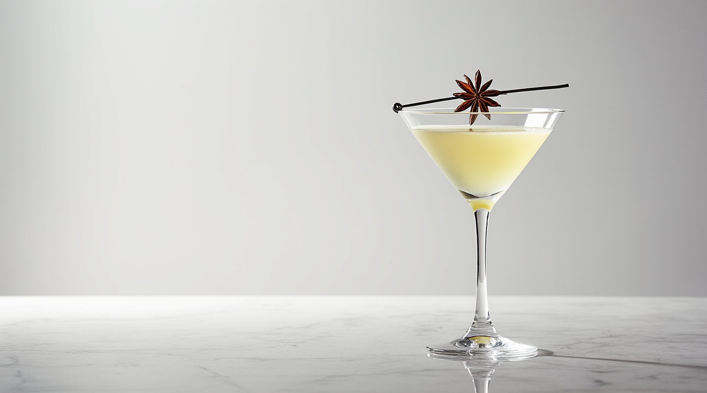 A vibrant Northern Lights cocktail in a chilled martini glass garnished with star anise