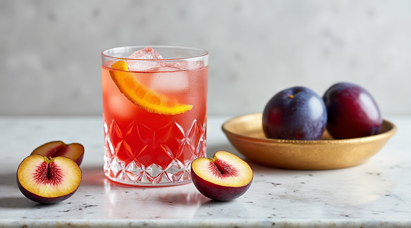 Plum Sour in a glass with an orange zest twist