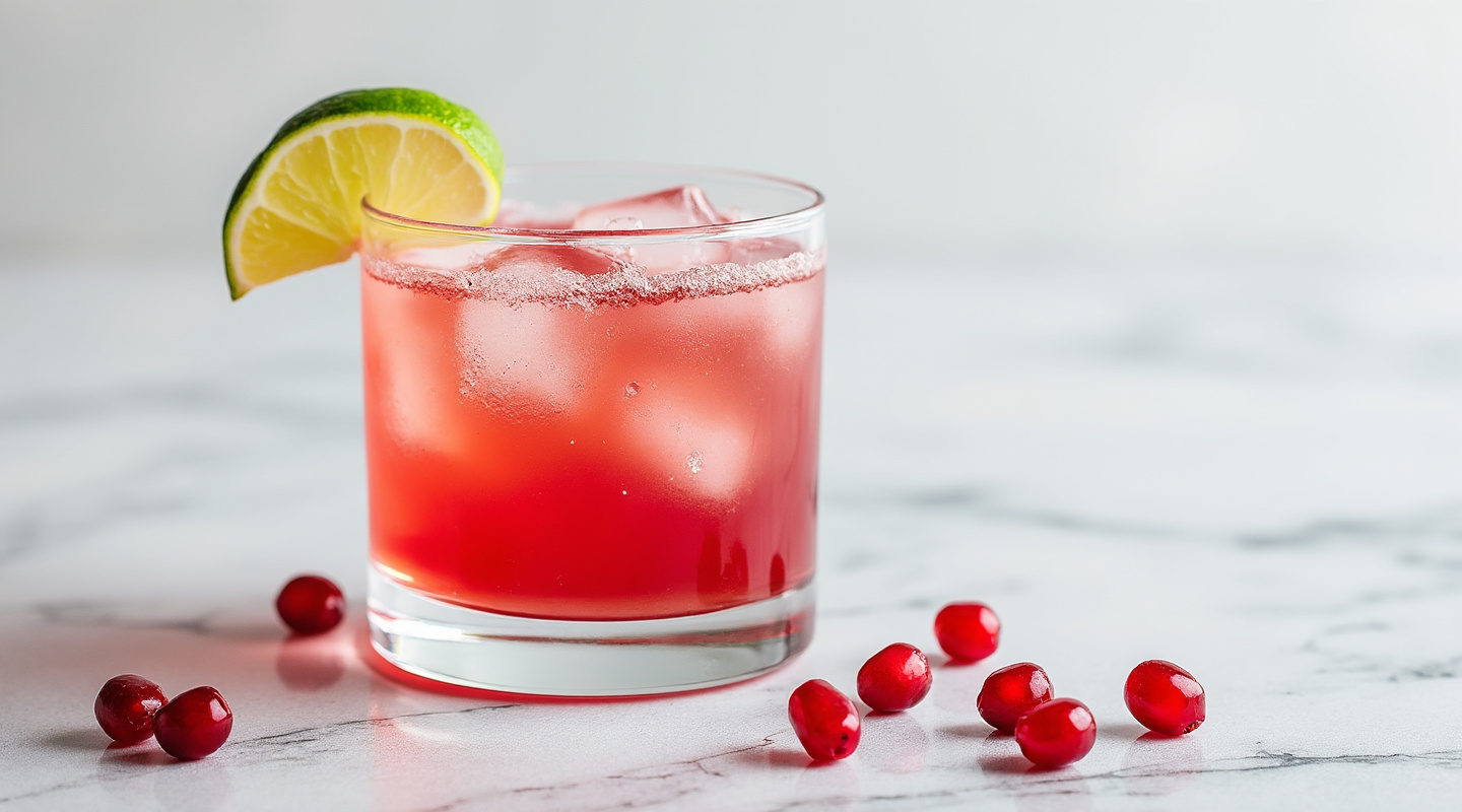 A vibrant red Pomegranate Margarita served in a coupe glass, garnished with a lime wedge.