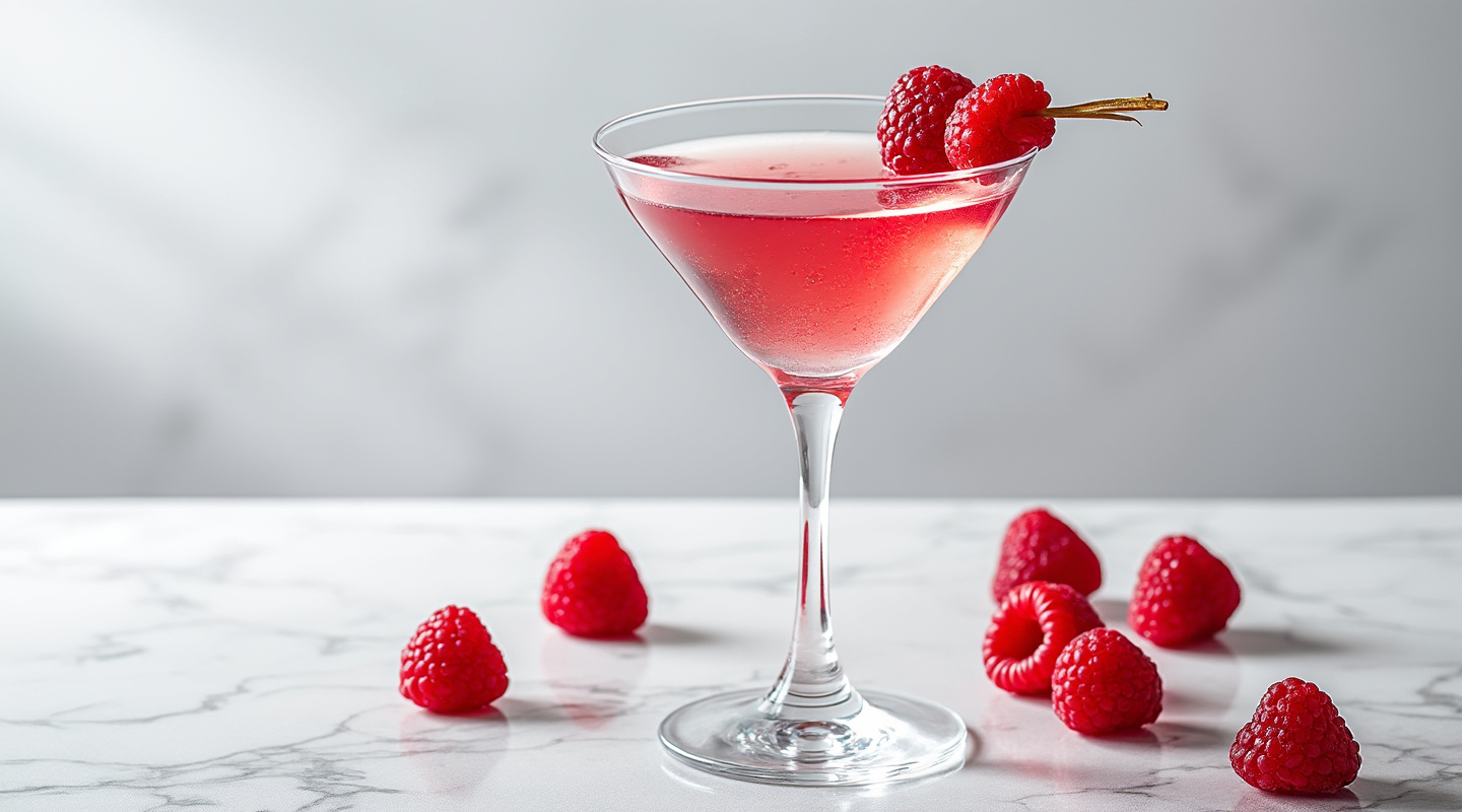 Raspberry Sake'tini in a chilled martini glass garnished with raspberries