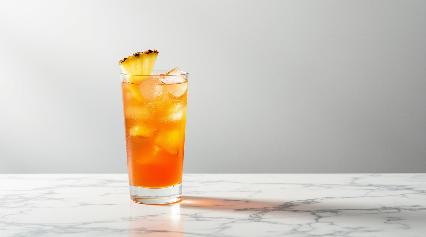 Tall glass filled with Southern Punch cocktail, garnished with a pineapple wedge.