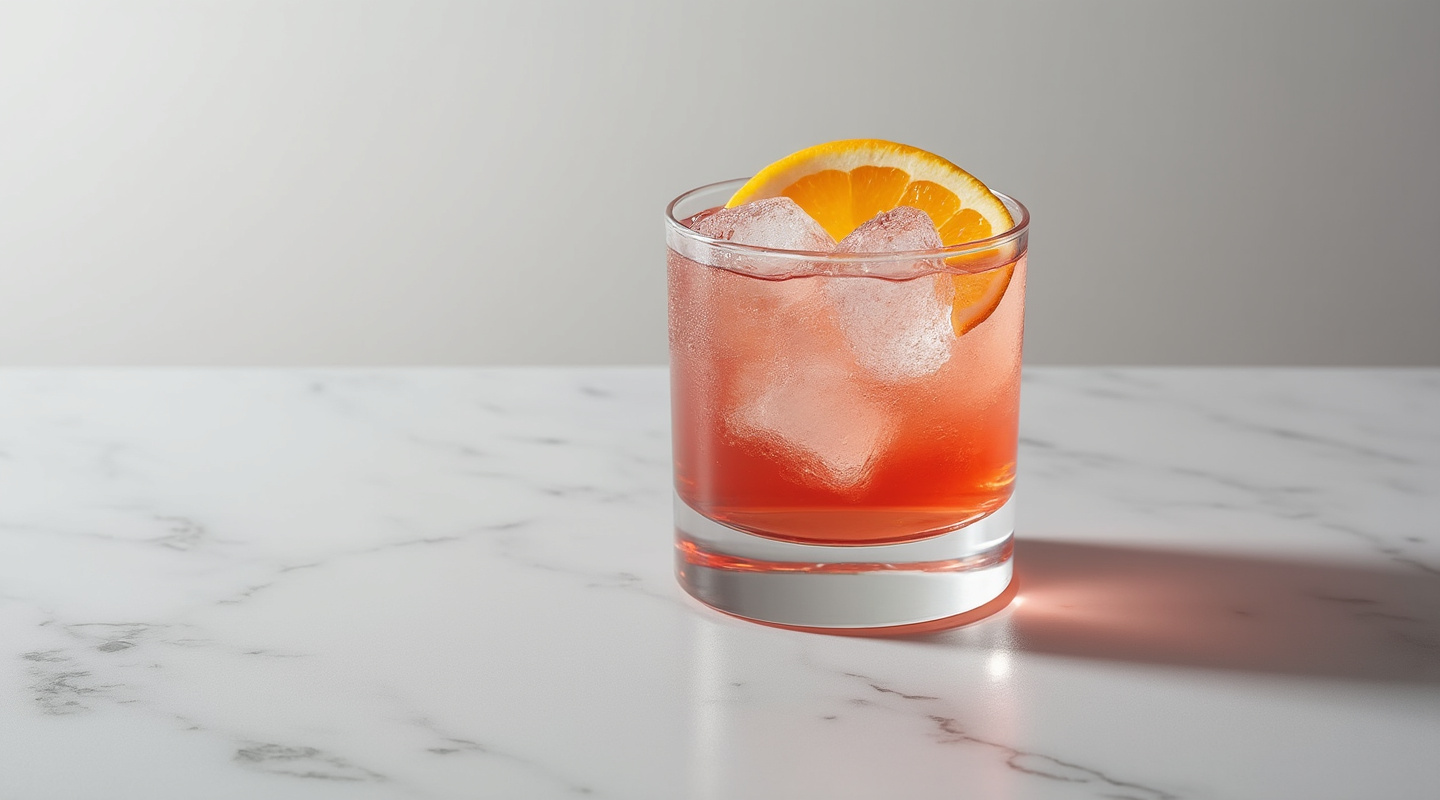 Testarossa cocktail in a Collins glass garnished with an orange slice wheel