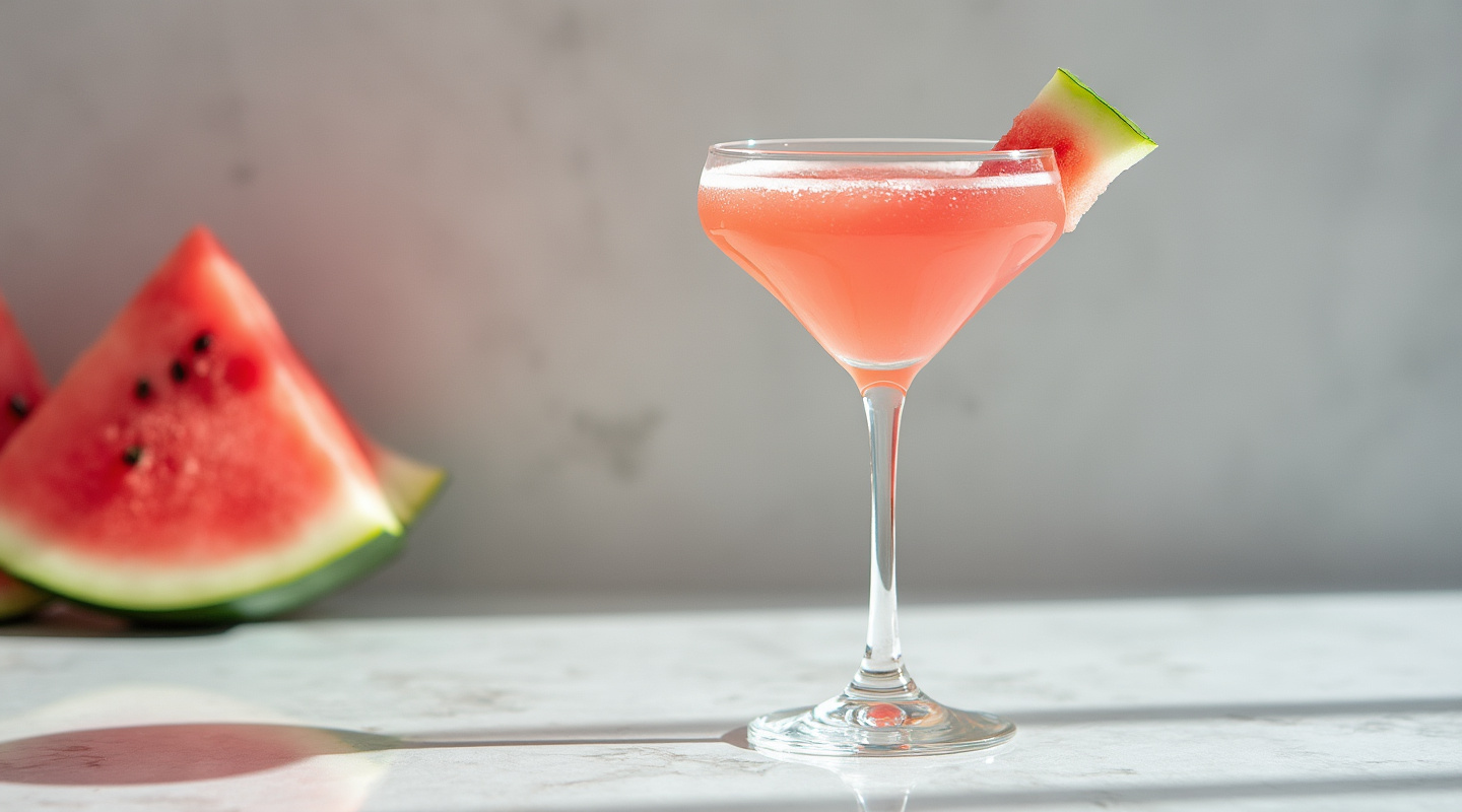 A chilled Watermelon Cosmo served in a martini glass garnished with a watermelon wedge