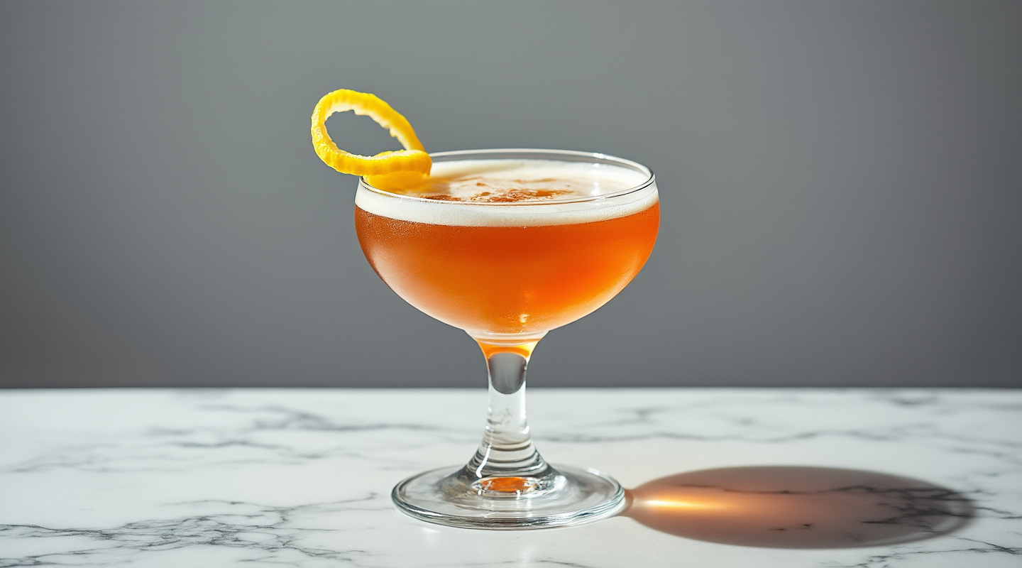 Yacht Club cocktail in a coupe glass with a lemon zest twist