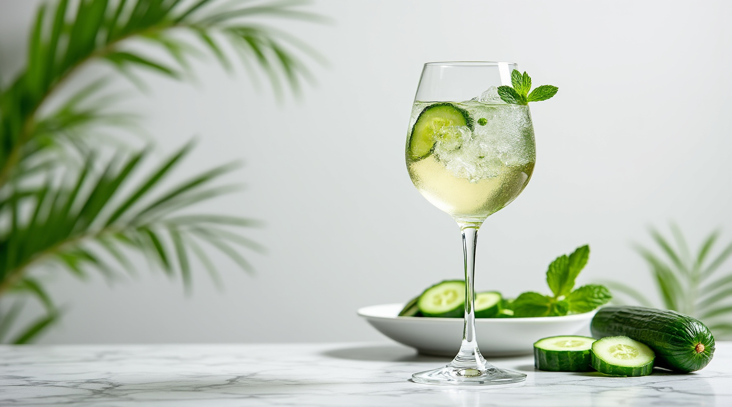 A refreshing Cucumber Spritz cocktail in a chilled copa glass.