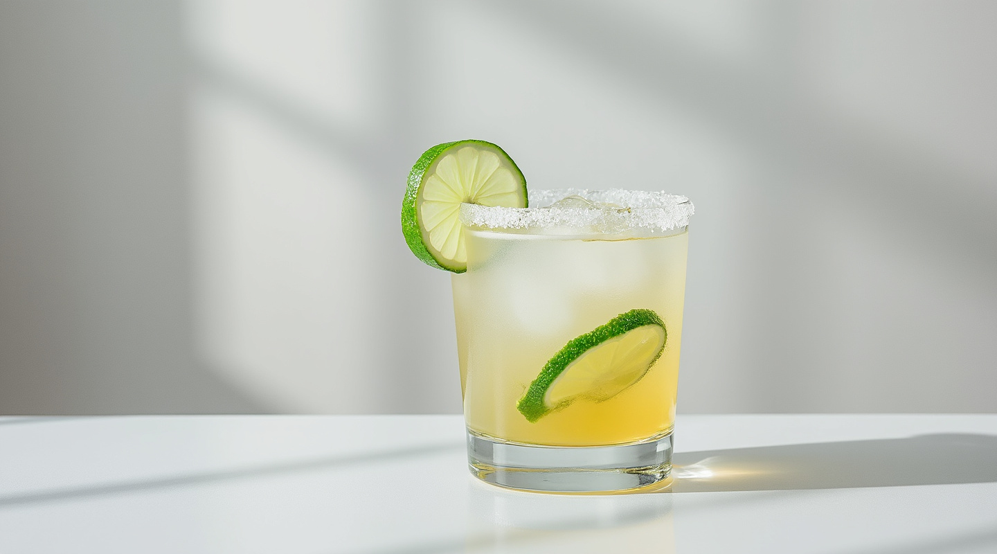 Amarita cocktail in a coupe glass with a lime peel garnish