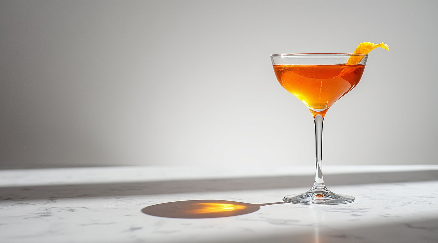 Aztec Cocktail served in a Martini glass with an orange zest twist