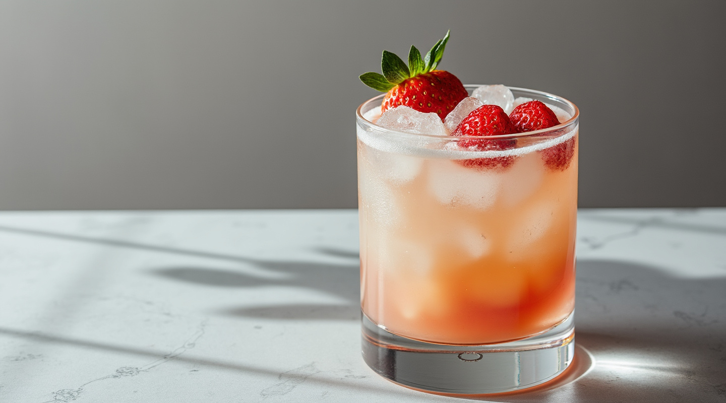 A vibrant pink Batida de Morango cocktail garnished with a strawberry