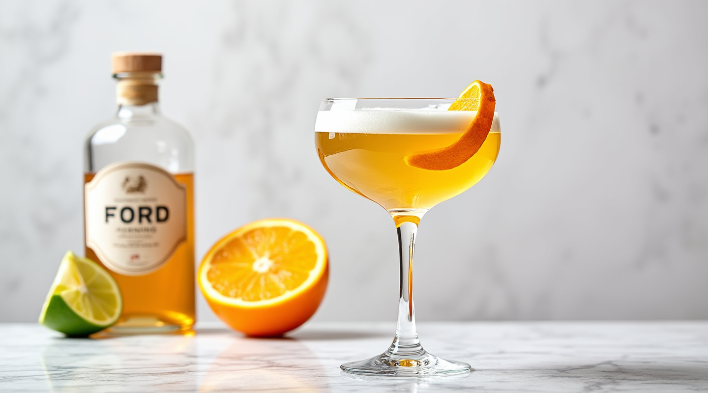 Ford Cocktail in a Coupe glass, garnished with an orange zest twist