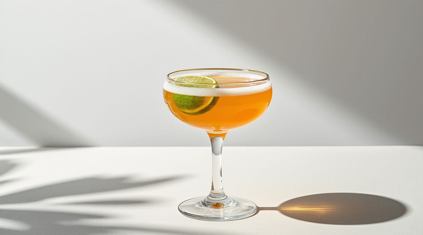 Don's Delight Cocktail in a coupe glass garnished with a lime wedge