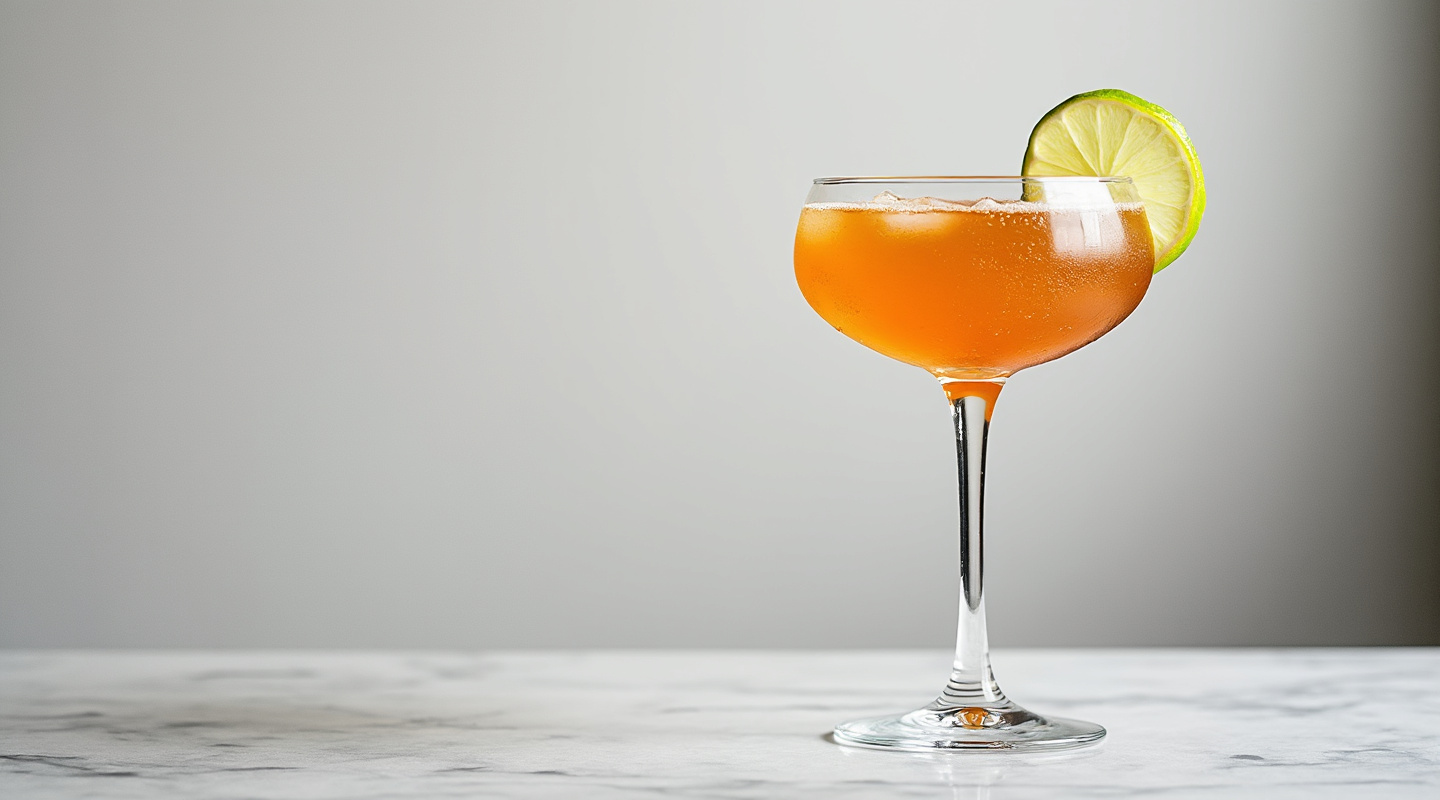 East Village Athletic Club cocktail in a coupe glass, garnished with a lime wedge
