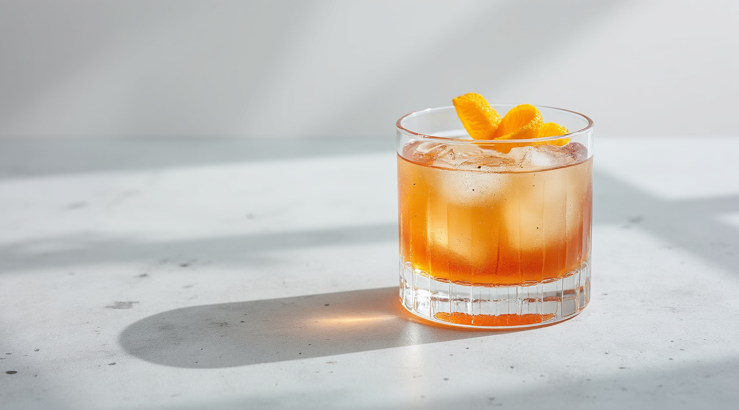 Looks Familiar Cocktail in an Old-fashioned glass with an orange zest twist.